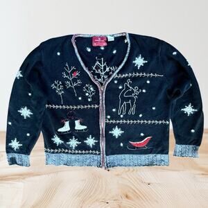 Vtg Holiday Lodge Cardigan Sweater Sz XL Cardinal Deer Snowflakes Ice Skates